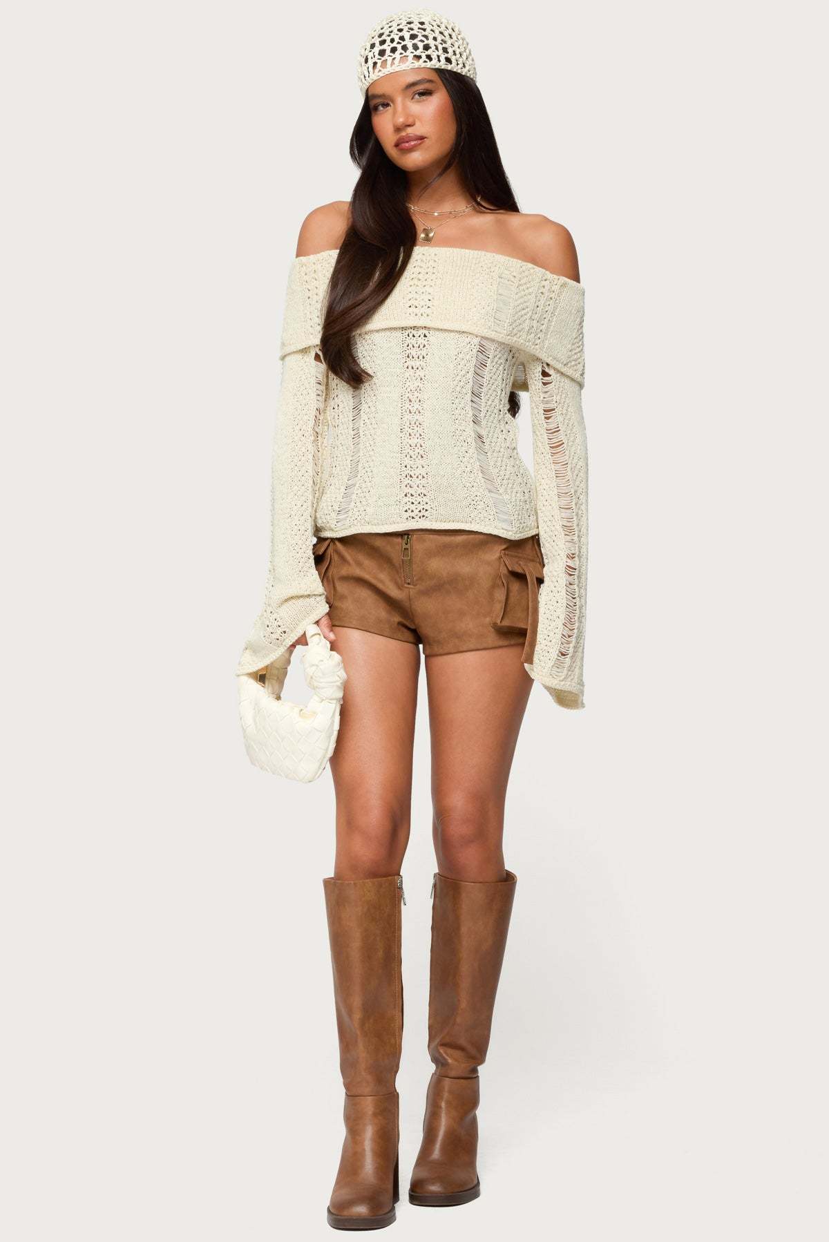 Renna Distressed Fold Over Knit Top - CREAM