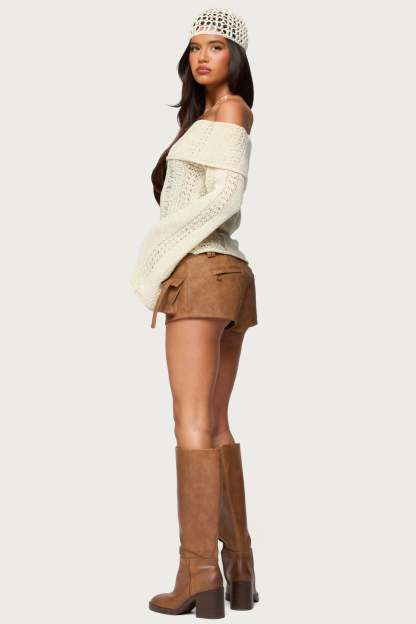 Renna Distressed Fold Over Knit Top - CREAM