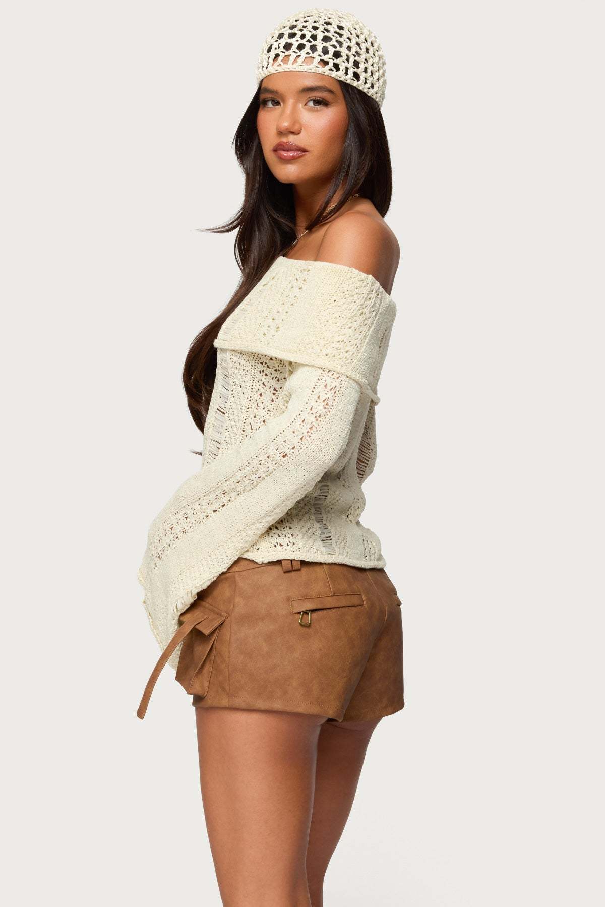 Renna Distressed Fold Over Knit Top - CREAM