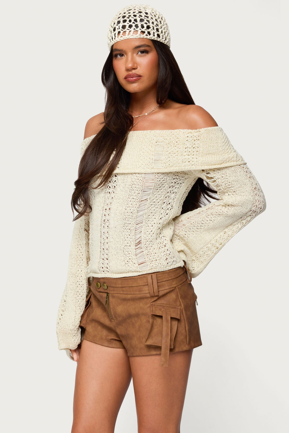 Renna Distressed Fold Over Knit Top - CREAM