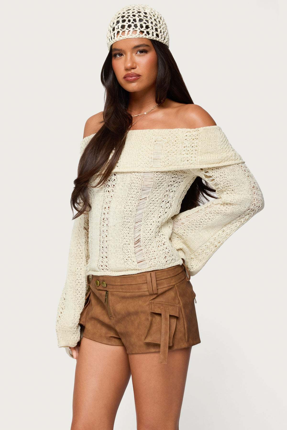 Renna Distressed Fold Over Knit Top - CREAM