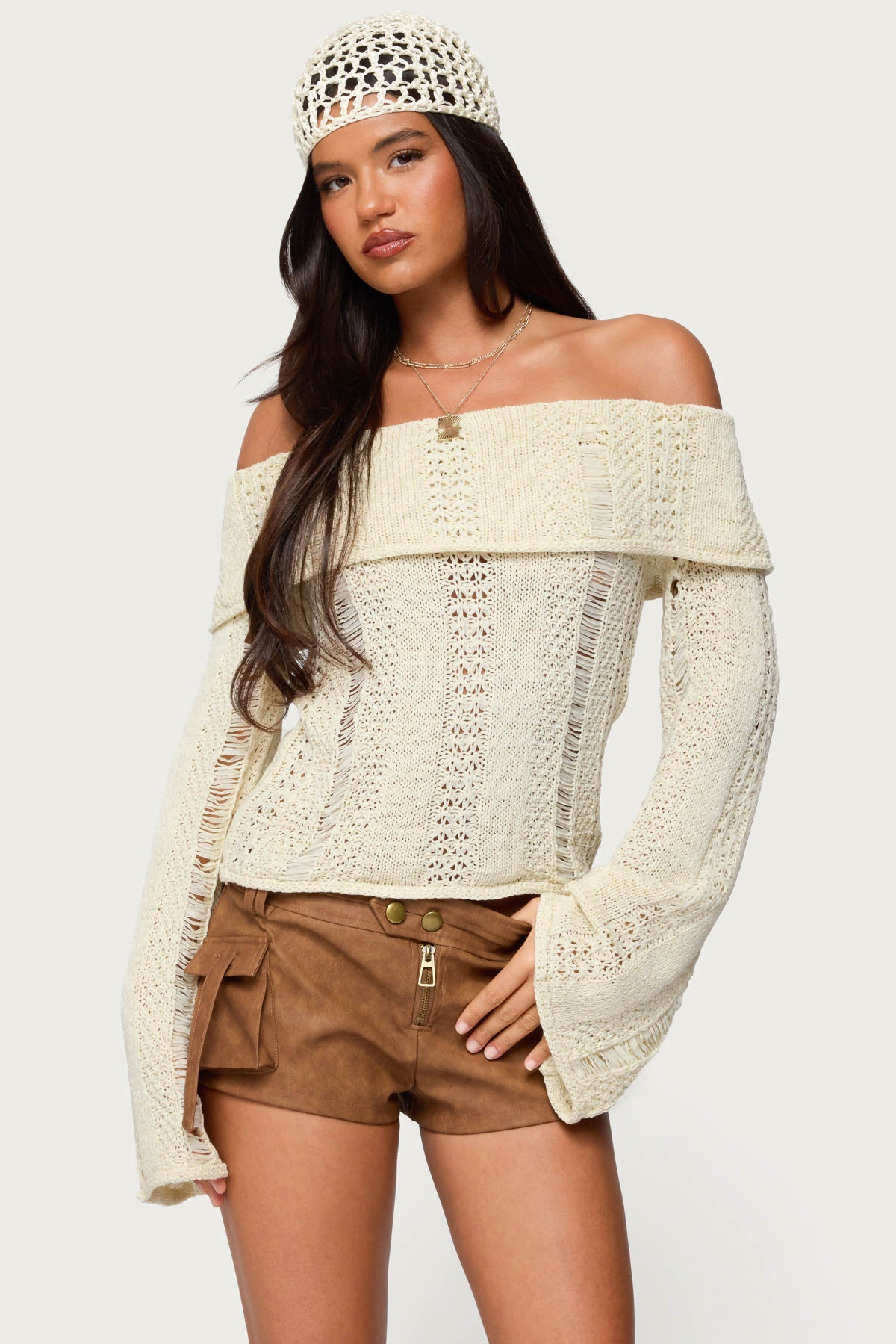 Renna Distressed Fold Over Knit Top - CREAM