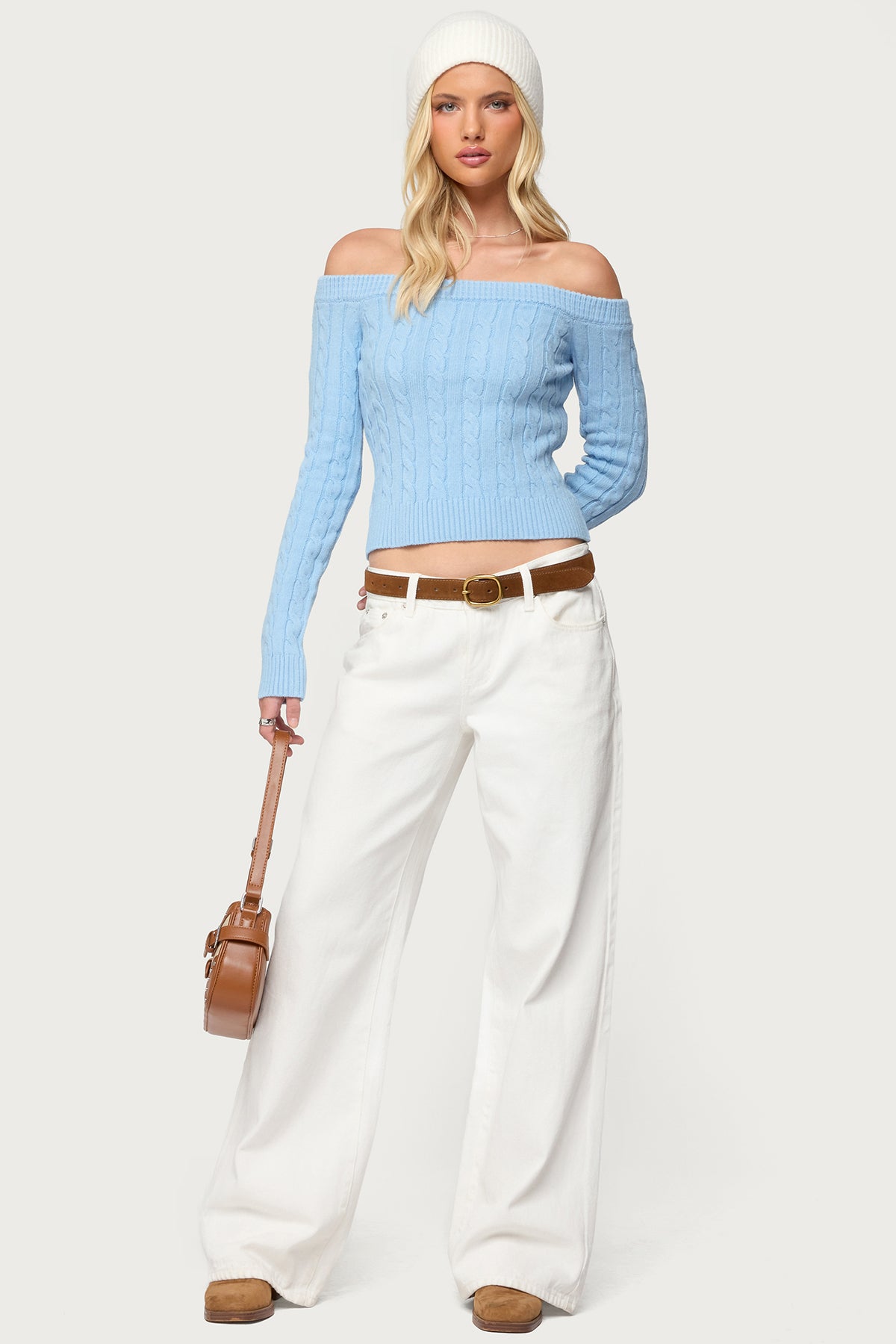 Taniza Off Shoulder Cable Knit Sweater - LIGHT-BLUE