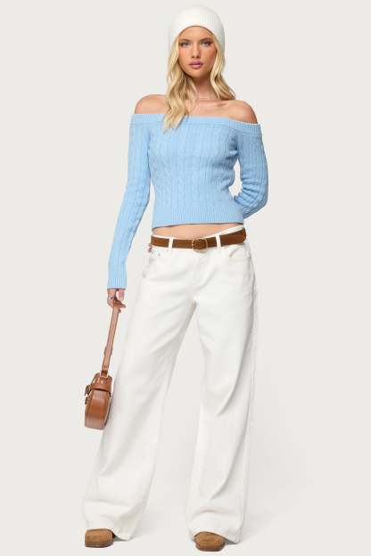 Taniza Off Shoulder Cable Knit Sweater - LIGHT-BLUE