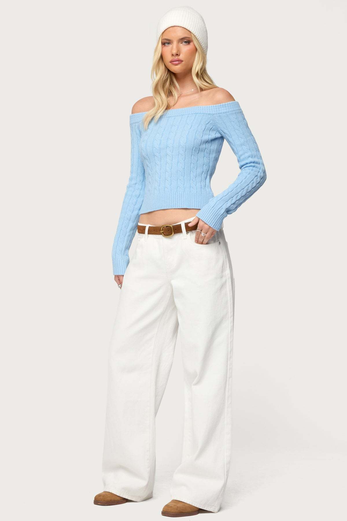 Taniza Off Shoulder Cable Knit Sweater - LIGHT-BLUE