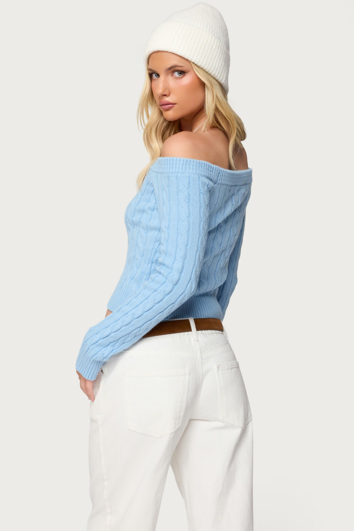 Taniza Off Shoulder Cable Knit Sweater - LIGHT-BLUE