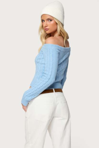 Taniza Off Shoulder Cable Knit Sweater - LIGHT-BLUE