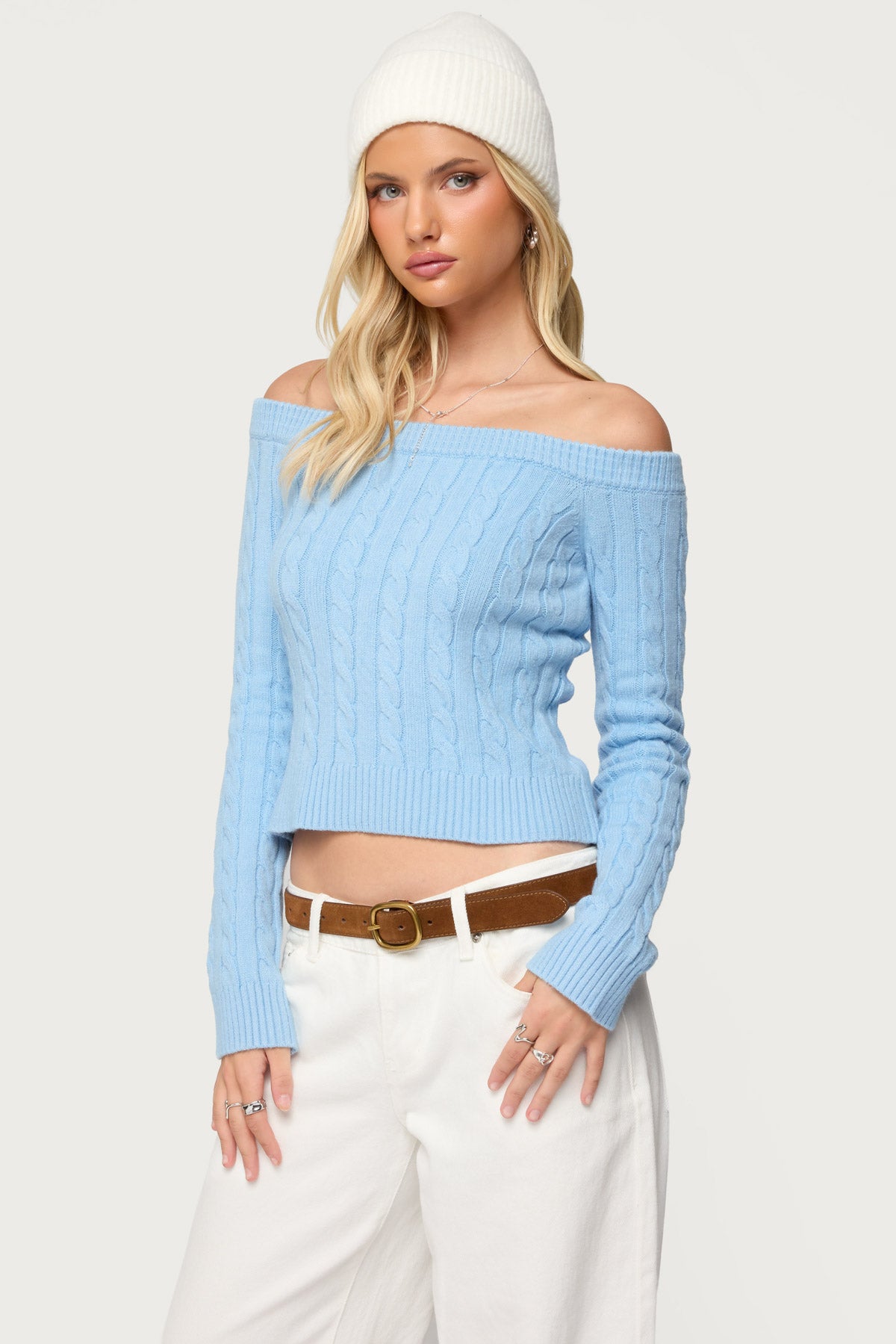 Taniza Off Shoulder Cable Knit Sweater - LIGHT-BLUE