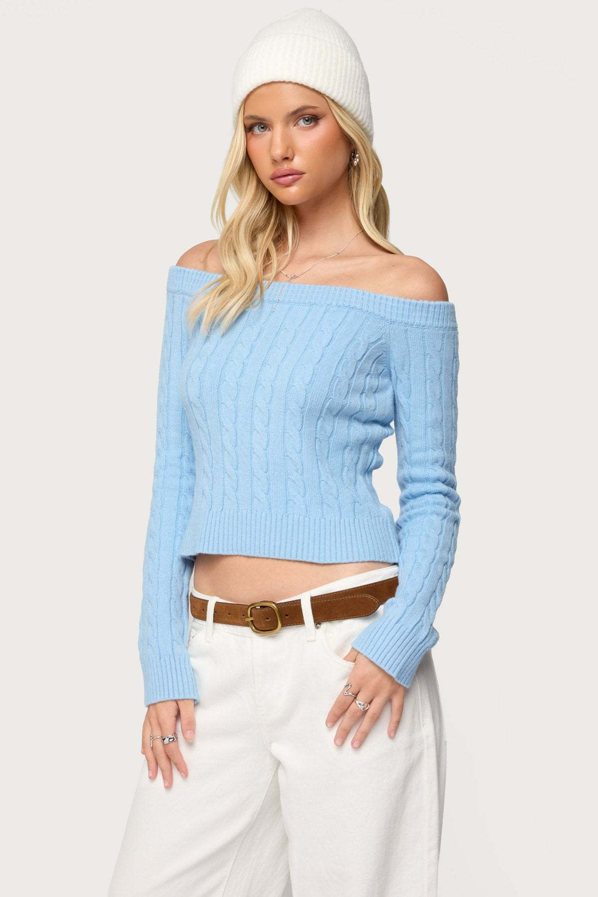 Taniza Off Shoulder Cable Knit Sweater - LIGHT-BLUE