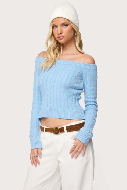 Taniza Off Shoulder Cable Knit Sweater - LIGHT-BLUE