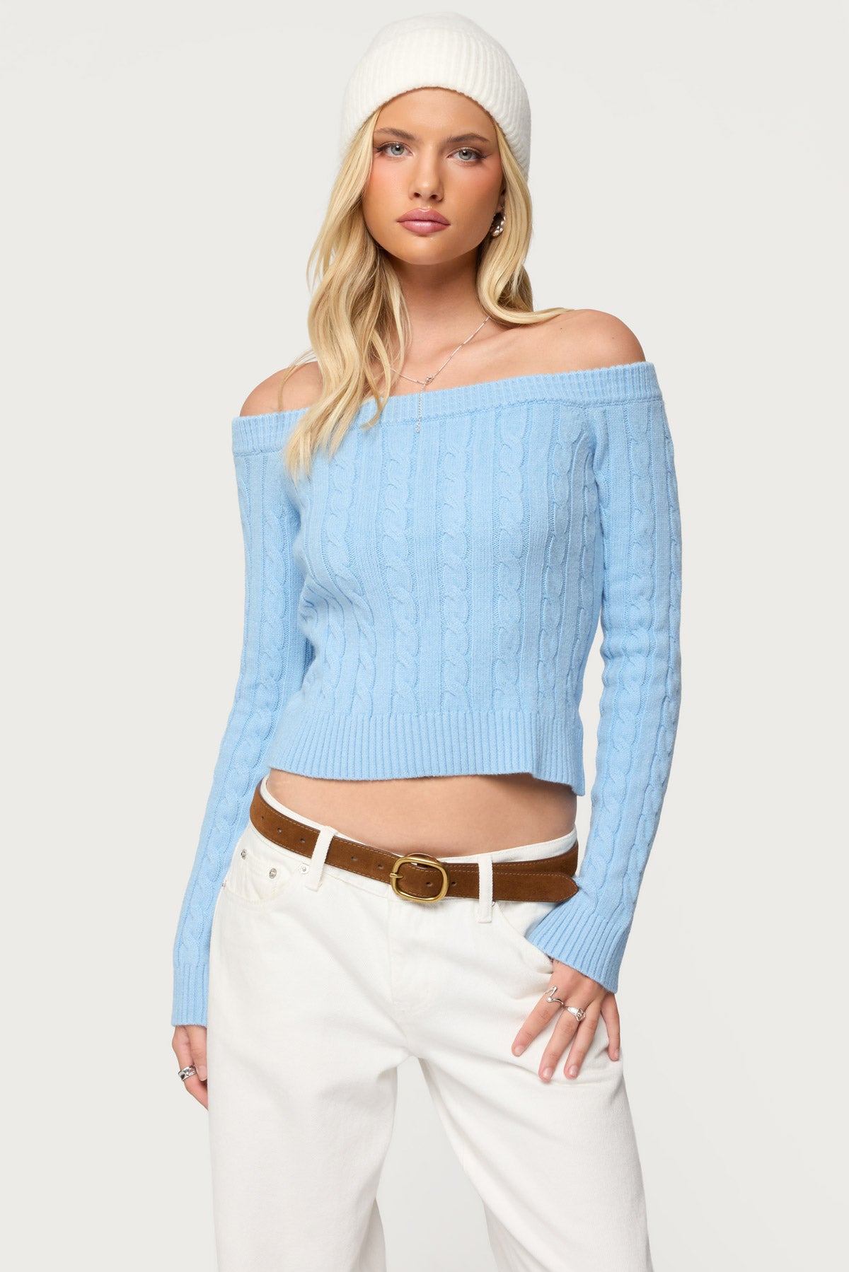 Taniza Off Shoulder Cable Knit Sweater - LIGHT-BLUE