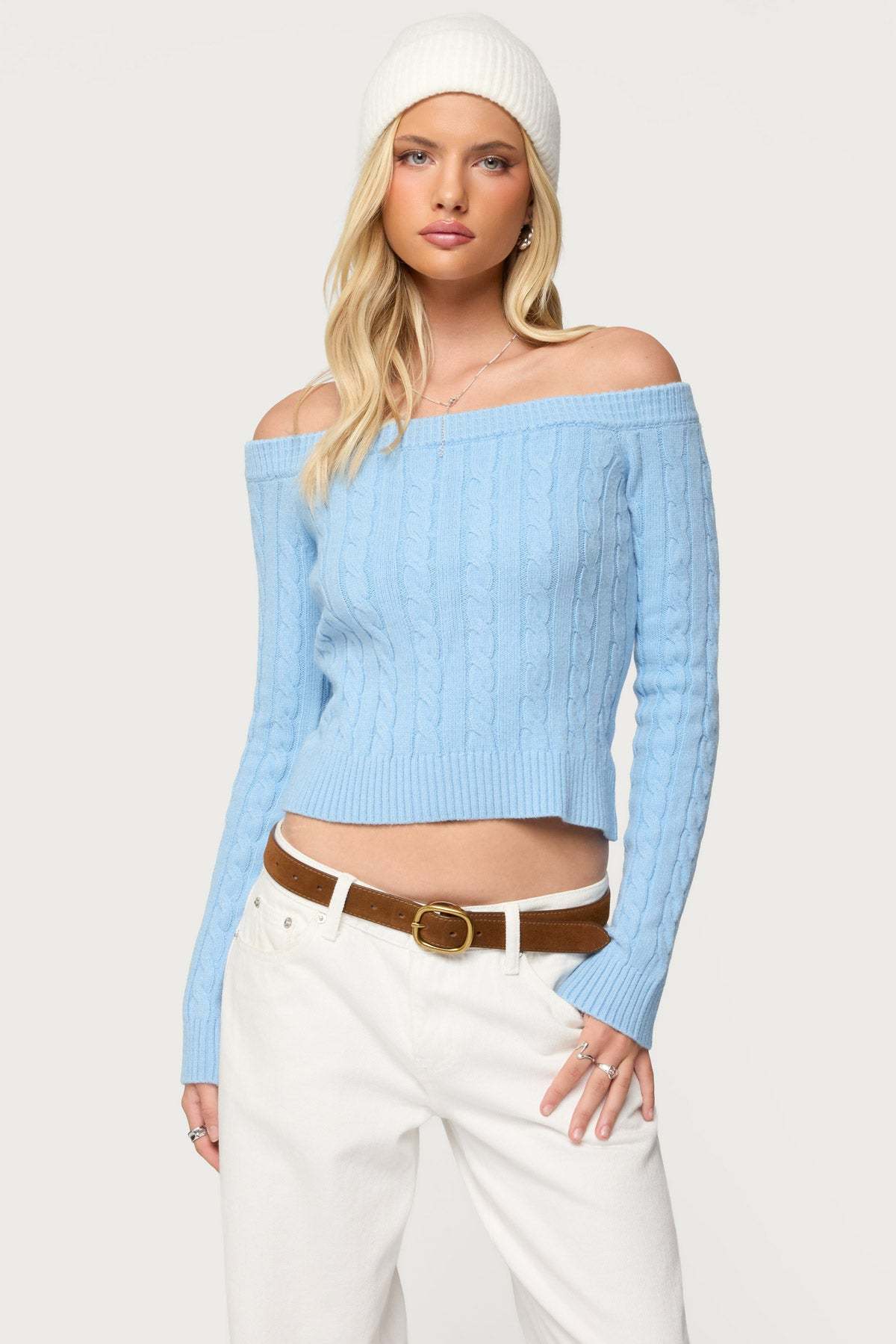 Taniza Off Shoulder Cable Knit Sweater - LIGHT-BLUE
