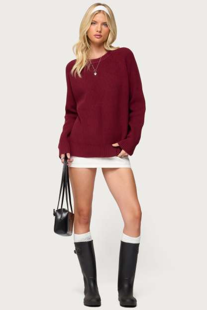 Lavonne Oversized Knit Raglan Sweater - BURGUNDY