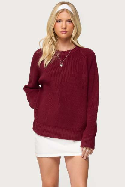 Lavonne Oversized Knit Raglan Sweater - BURGUNDY