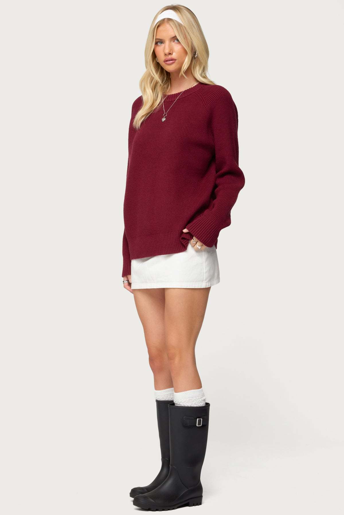 Lavonne Oversized Knit Raglan Sweater - BURGUNDY
