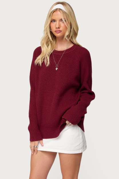 Lavonne Oversized Knit Raglan Sweater - BURGUNDY