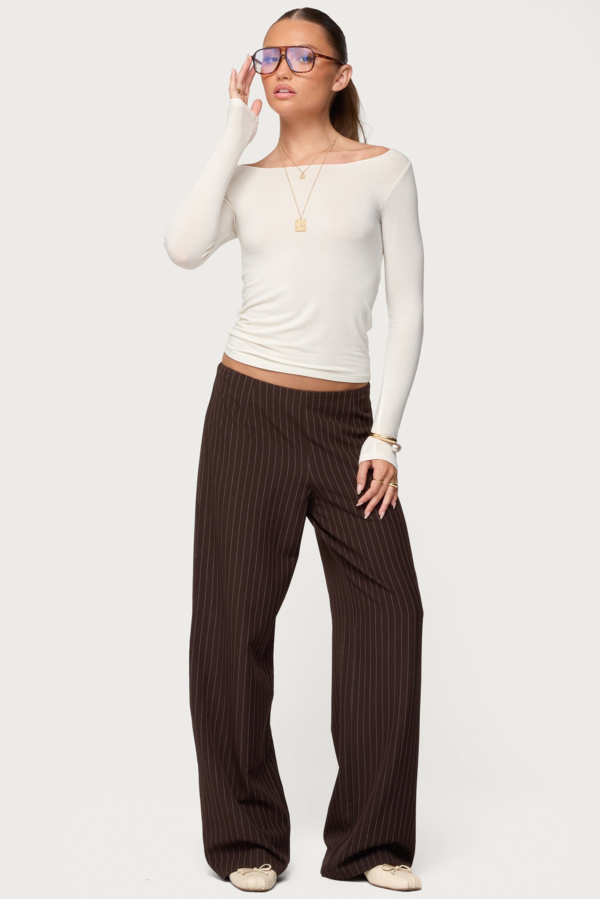 Kerie Pinstripe Low Rise Pants - DARK-BROWN