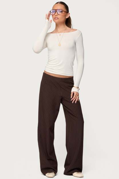 Kerie Pinstripe Low Rise Pants - DARK-BROWN