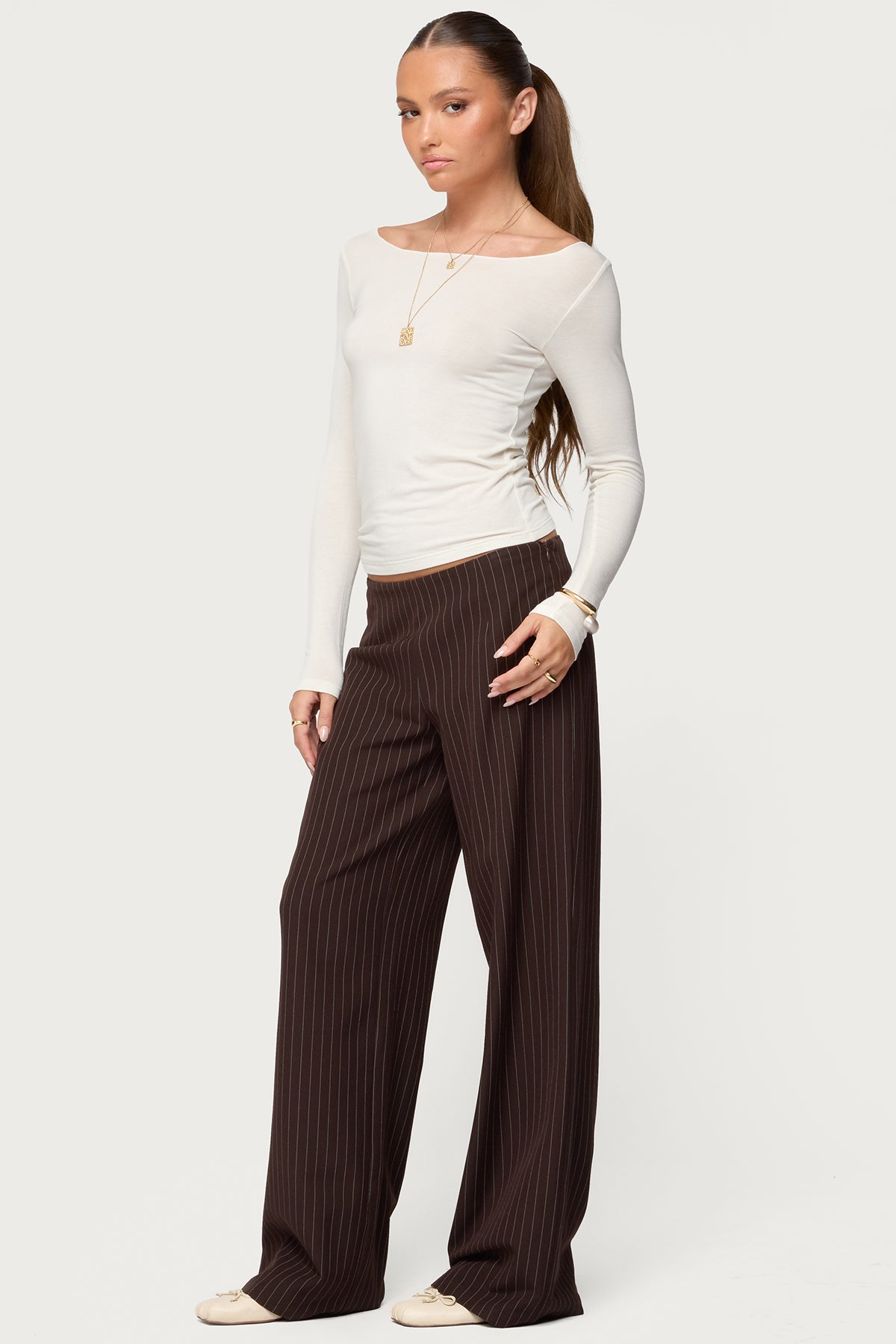 Kerie Pinstripe Low Rise Pants - DARK-BROWN