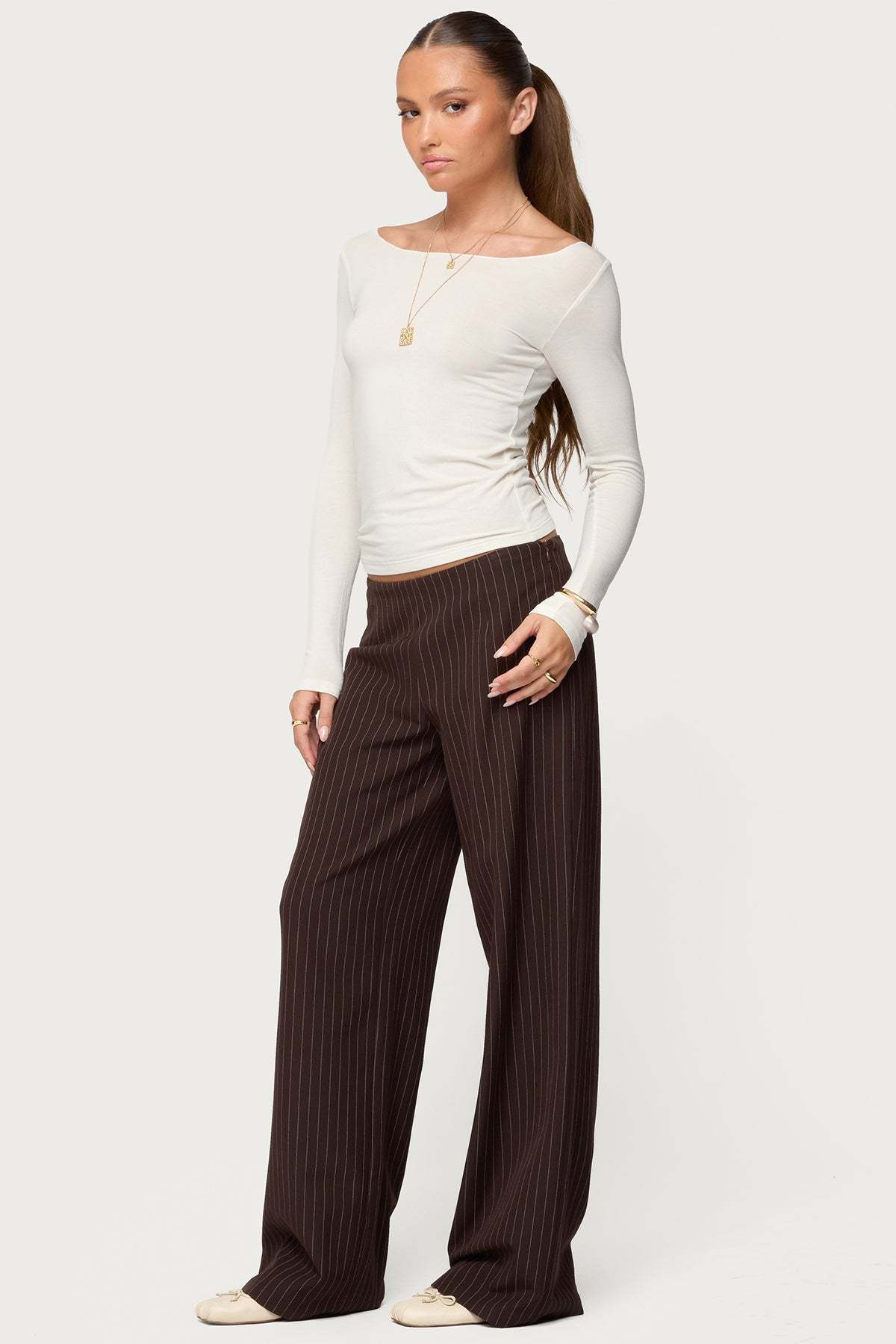Kerie Pinstripe Low Rise Pants - DARK-BROWN