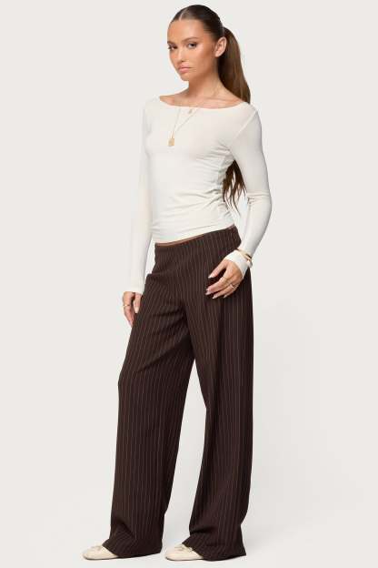 Kerie Pinstripe Low Rise Pants - DARK-BROWN