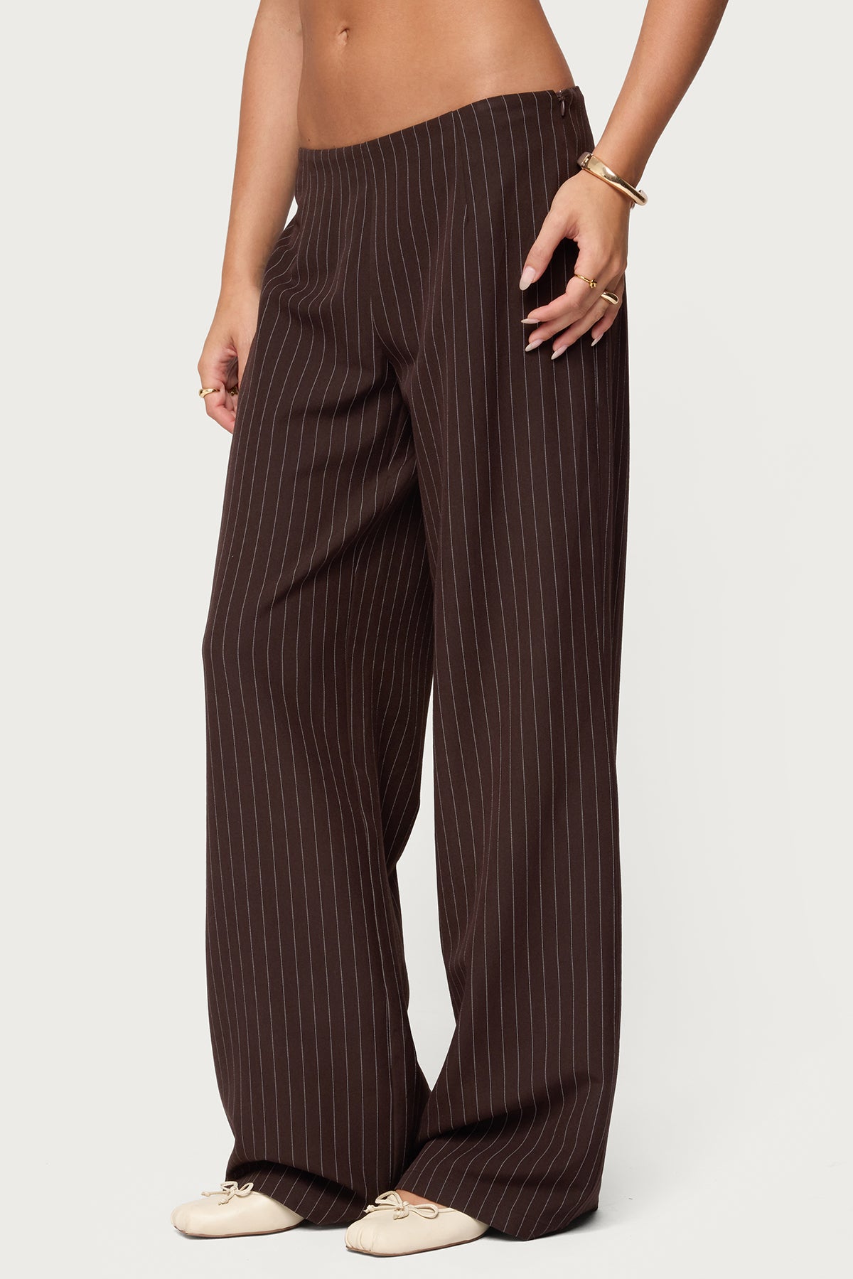Kerie Pinstripe Low Rise Pants - DARK-BROWN
