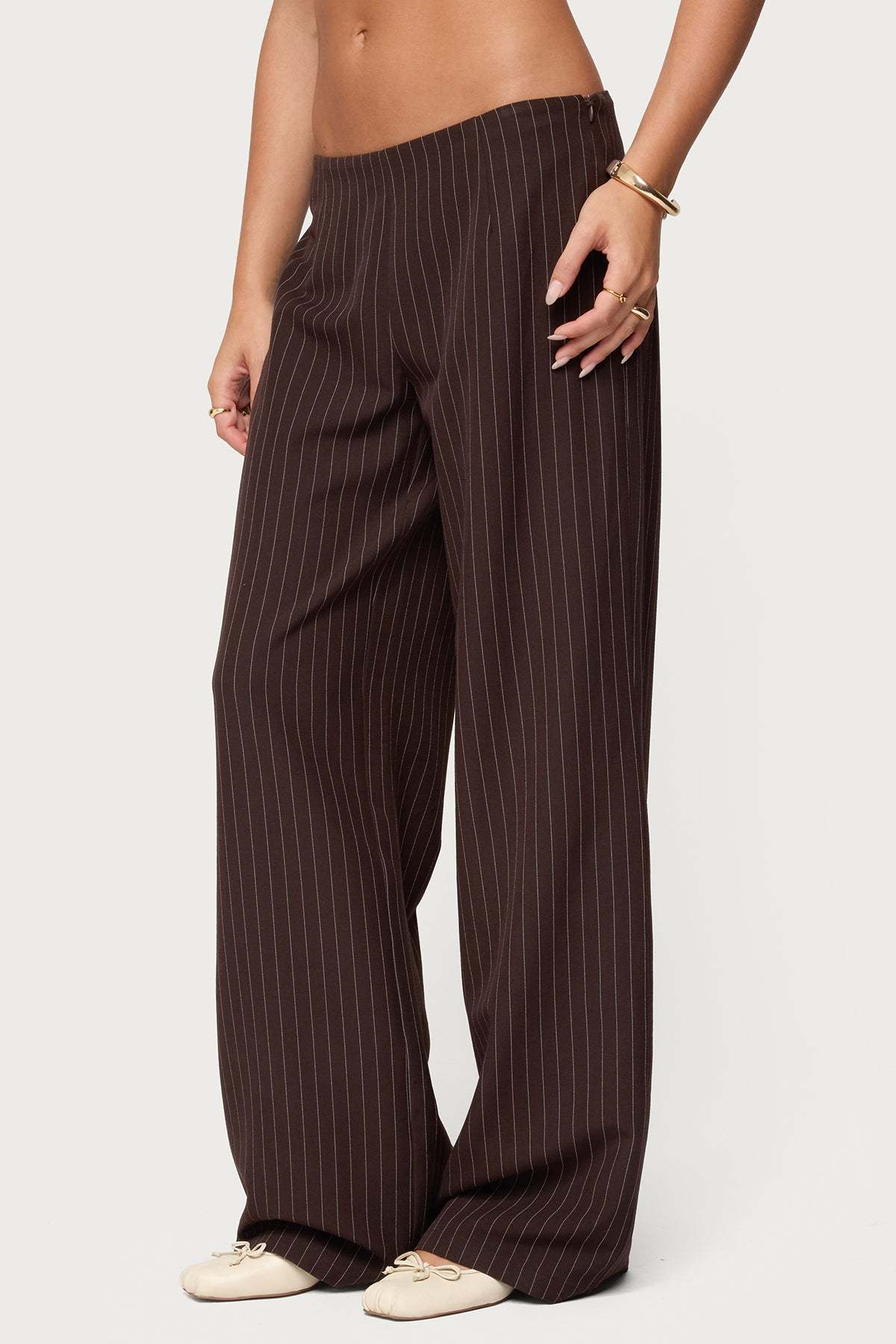 Kerie Pinstripe Low Rise Pants - DARK-BROWN