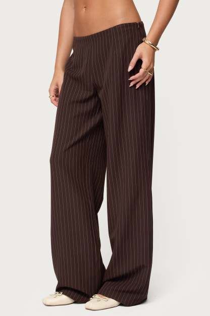 Kerie Pinstripe Low Rise Pants - DARK-BROWN
