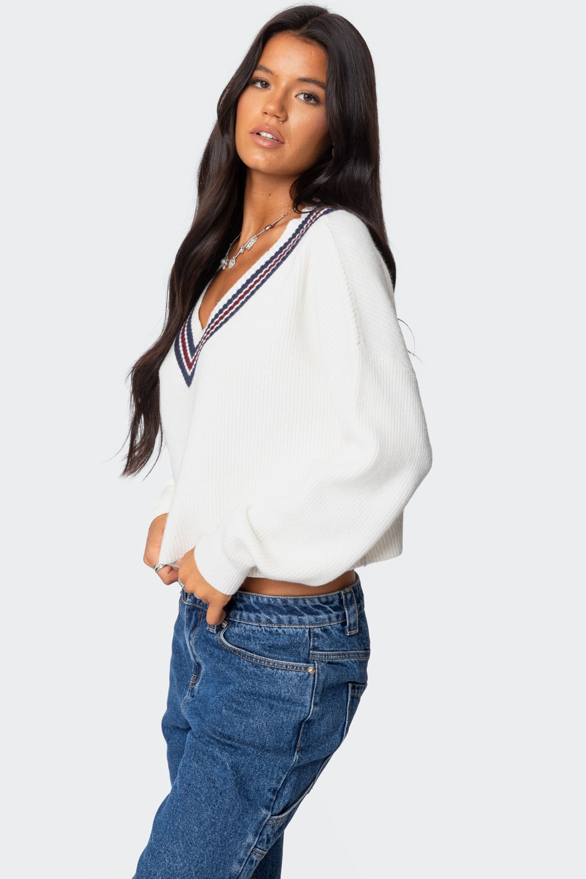 Lauryl V Neck Sweater - WHITE