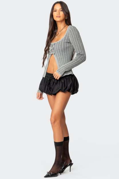 Bowtie Split Front Knit Top - GRAY