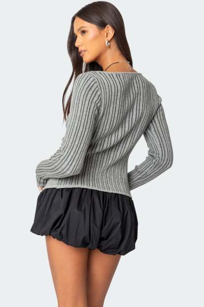 Bowtie Split Front Knit Top - GRAY