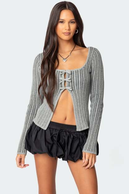 Bowtie Split Front Knit Top - GRAY