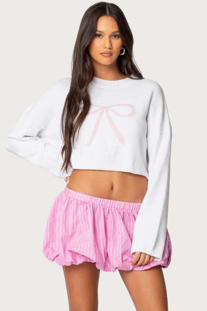 Knit Bow Cropped Sweater - WHITE