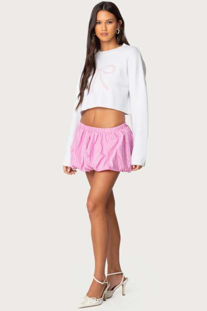 Knit Bow Cropped Sweater - WHITE
