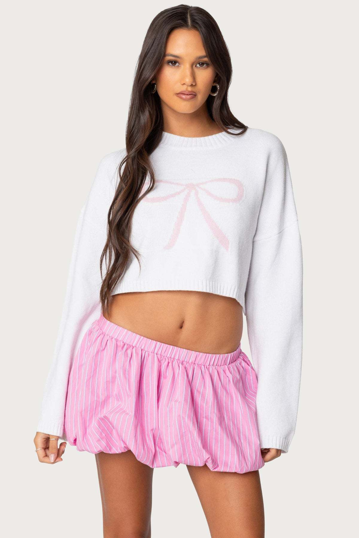 Knit Bow Cropped Sweater - WHITE