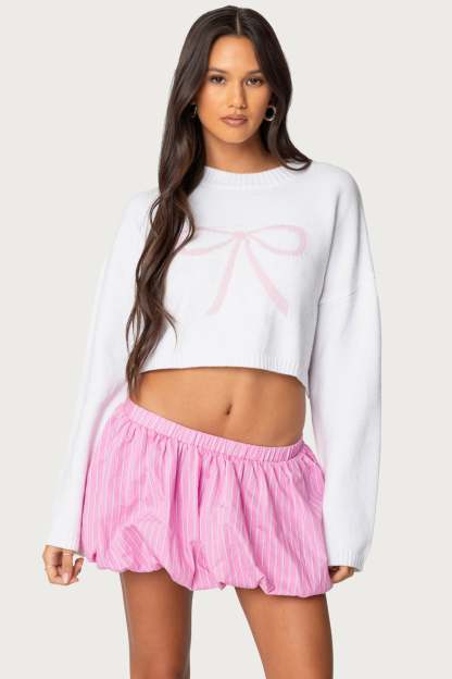 Knit Bow Cropped Sweater - WHITE