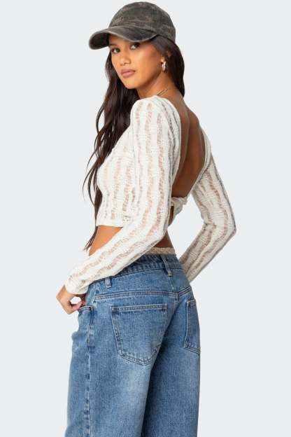 Twisted Back Textured Knit Top - BEIGE