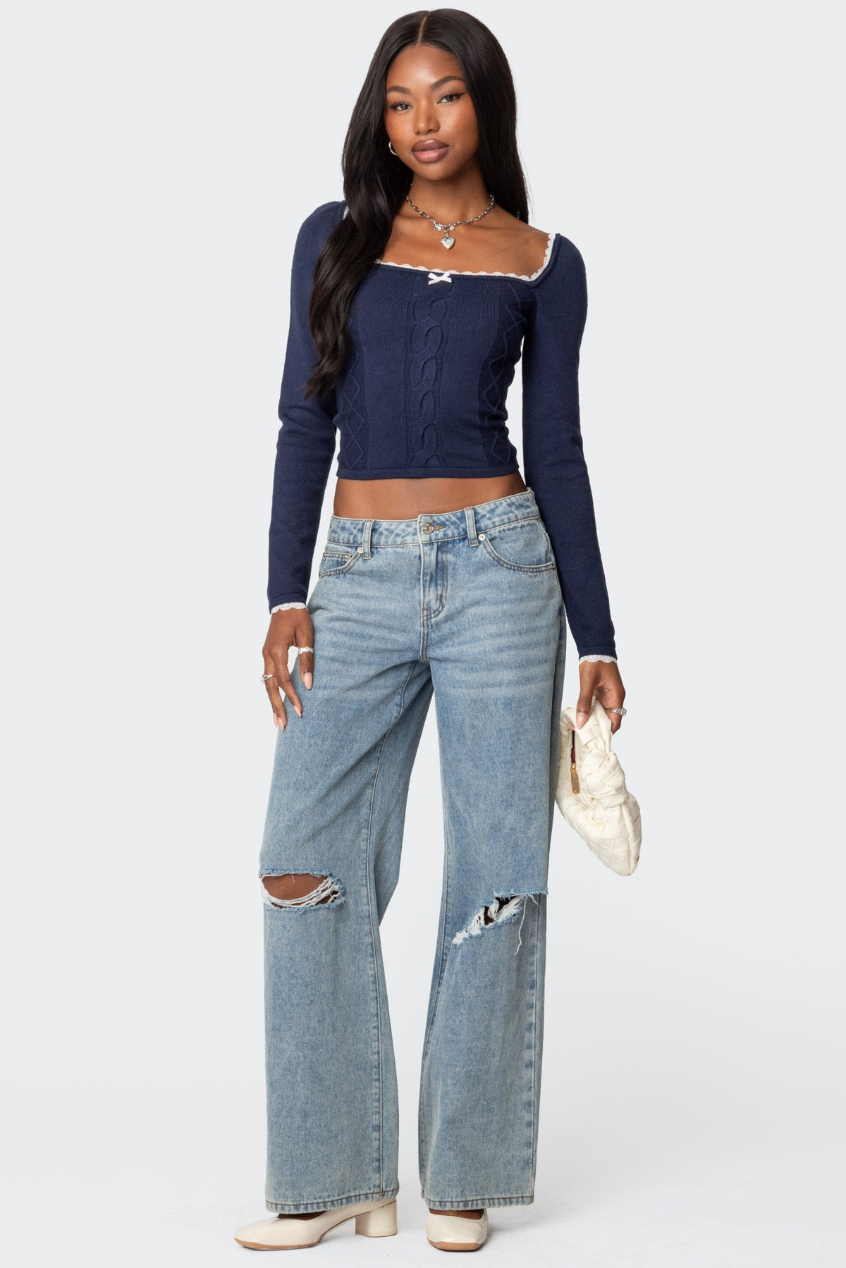 Ansley Lacey Cable Knit Top - NAVY