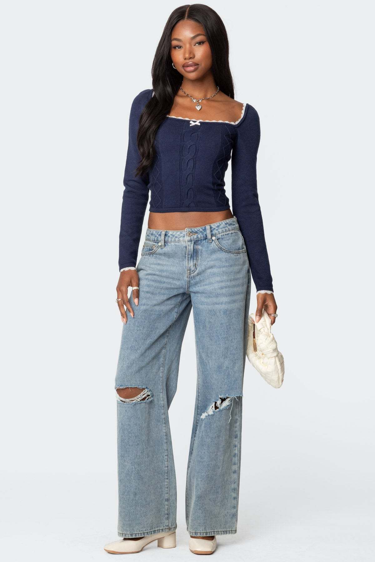 Ansley Lacey Cable Knit Top - NAVY