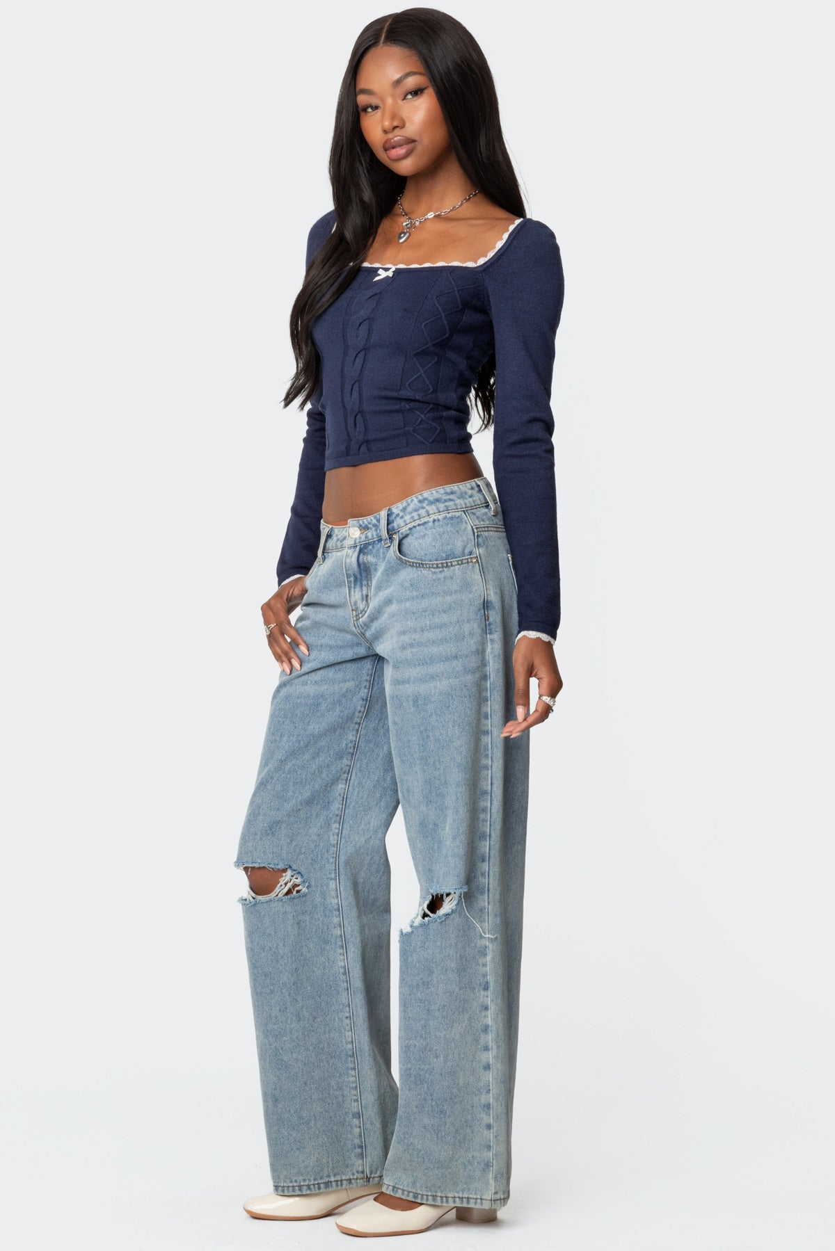 Ansley Lacey Cable Knit Top - NAVY