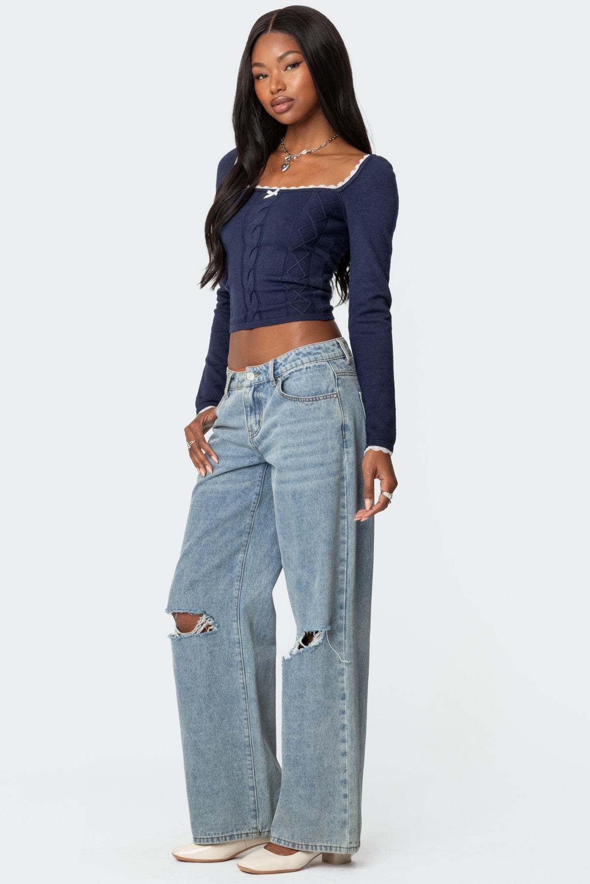 Ansley Lacey Cable Knit Top - NAVY