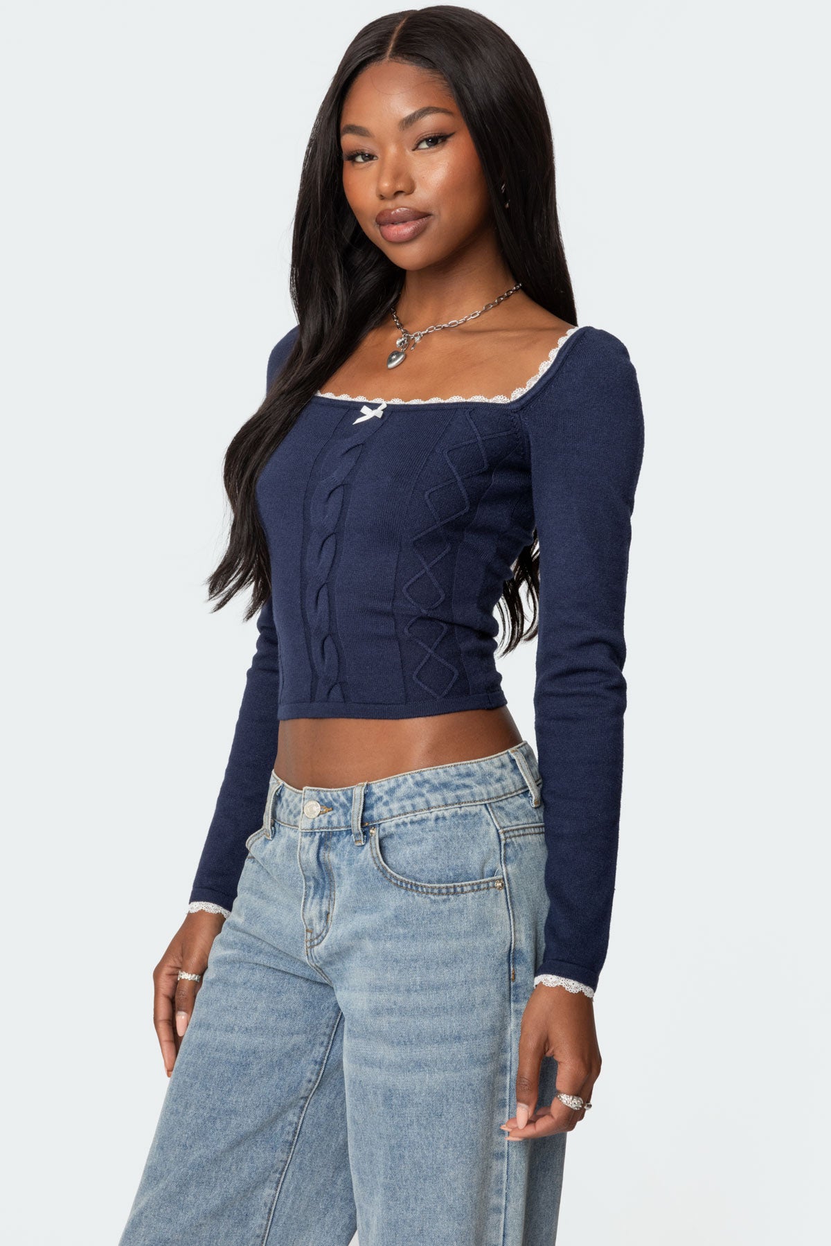 Ansley Lacey Cable Knit Top - NAVY