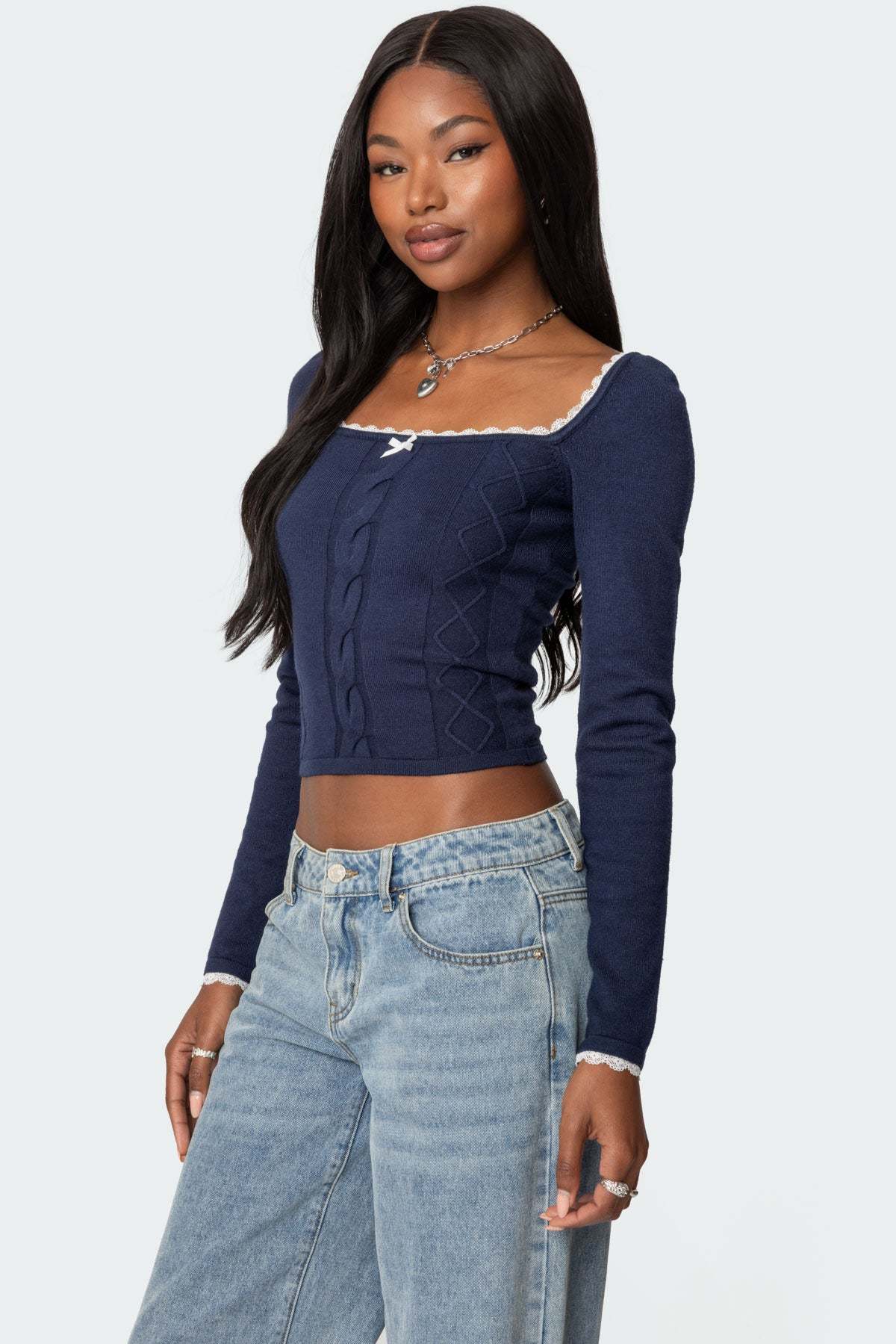 Ansley Lacey Cable Knit Top - NAVY