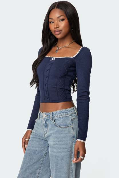 Ansley Lacey Cable Knit Top - NAVY