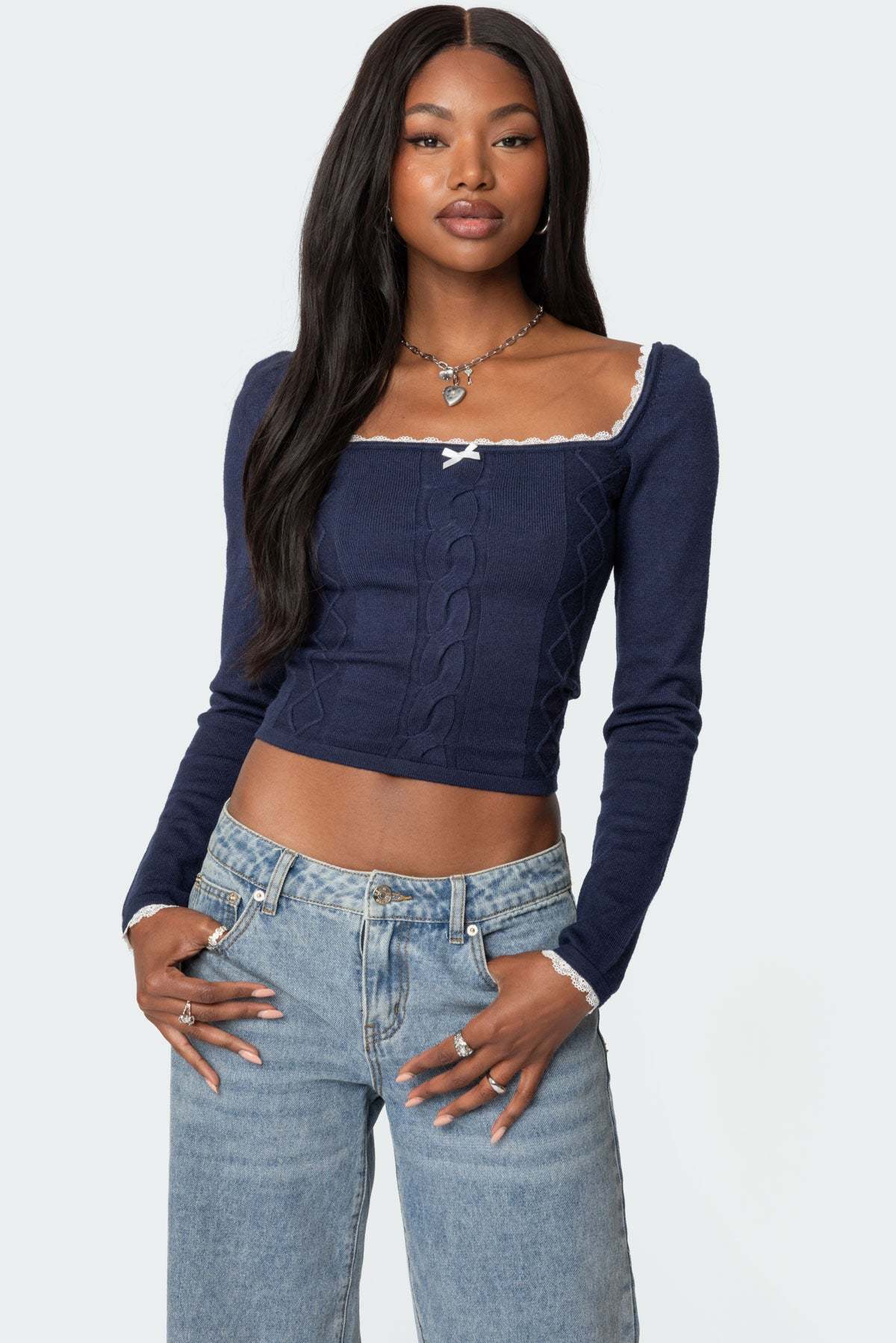Ansley Lacey Cable Knit Top - NAVY