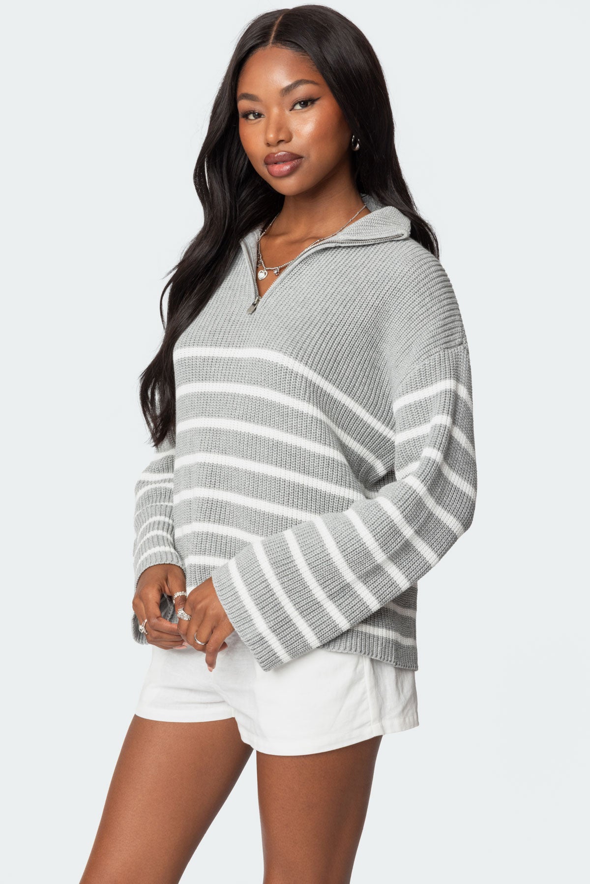 Oversized Quarter Zip Sweater - GRAY MELANGE