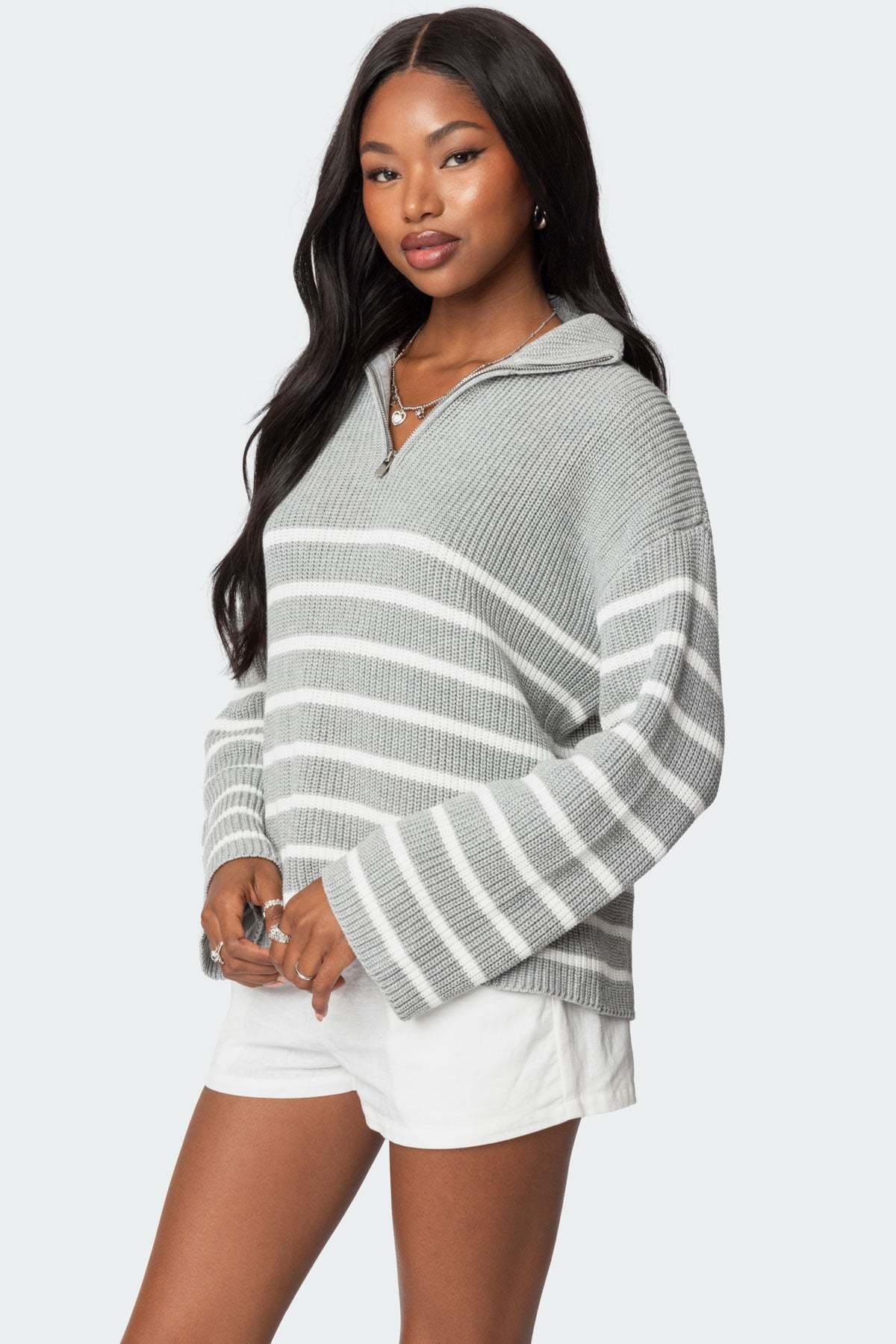 Oversized Quarter Zip Sweater - GRAY MELANGE