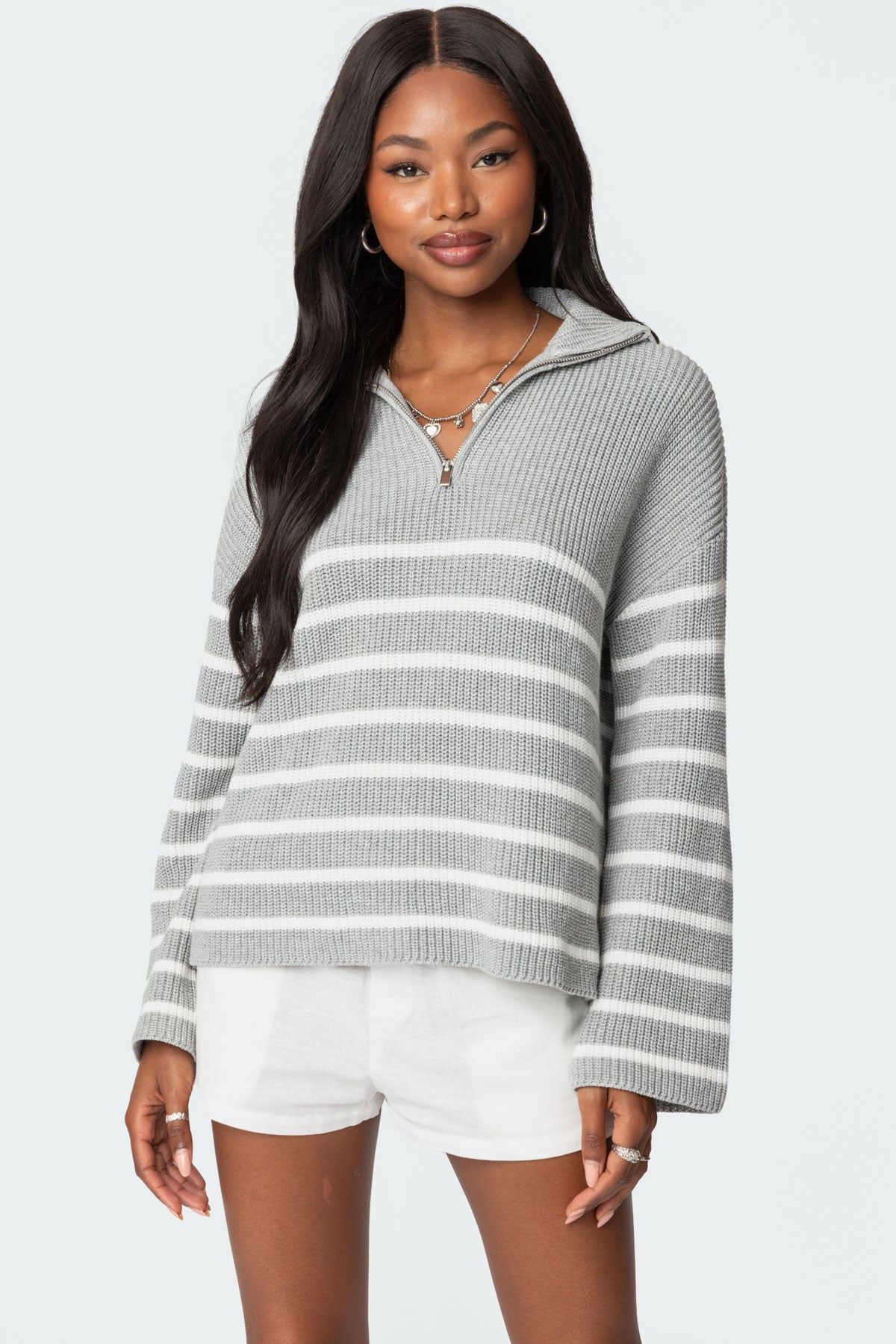 Oversized Quarter Zip Sweater - GRAY MELANGE