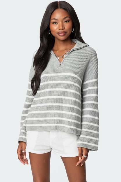 Oversized Quarter Zip Sweater - GRAY MELANGE