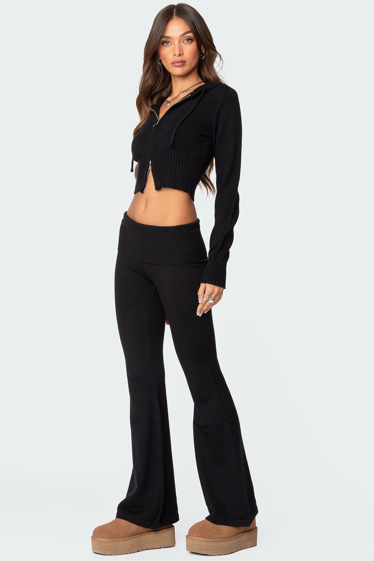 Desiree Knitted Low Rise Fold Over Pants - BLACK